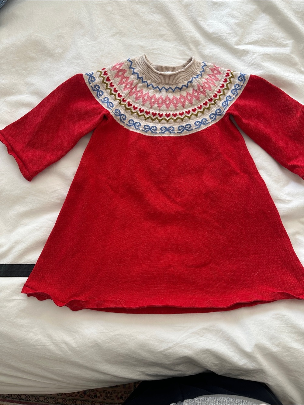 Hanna Andersson Red Sweater Dress with Multicolor Fair Isle Pattern. 2T